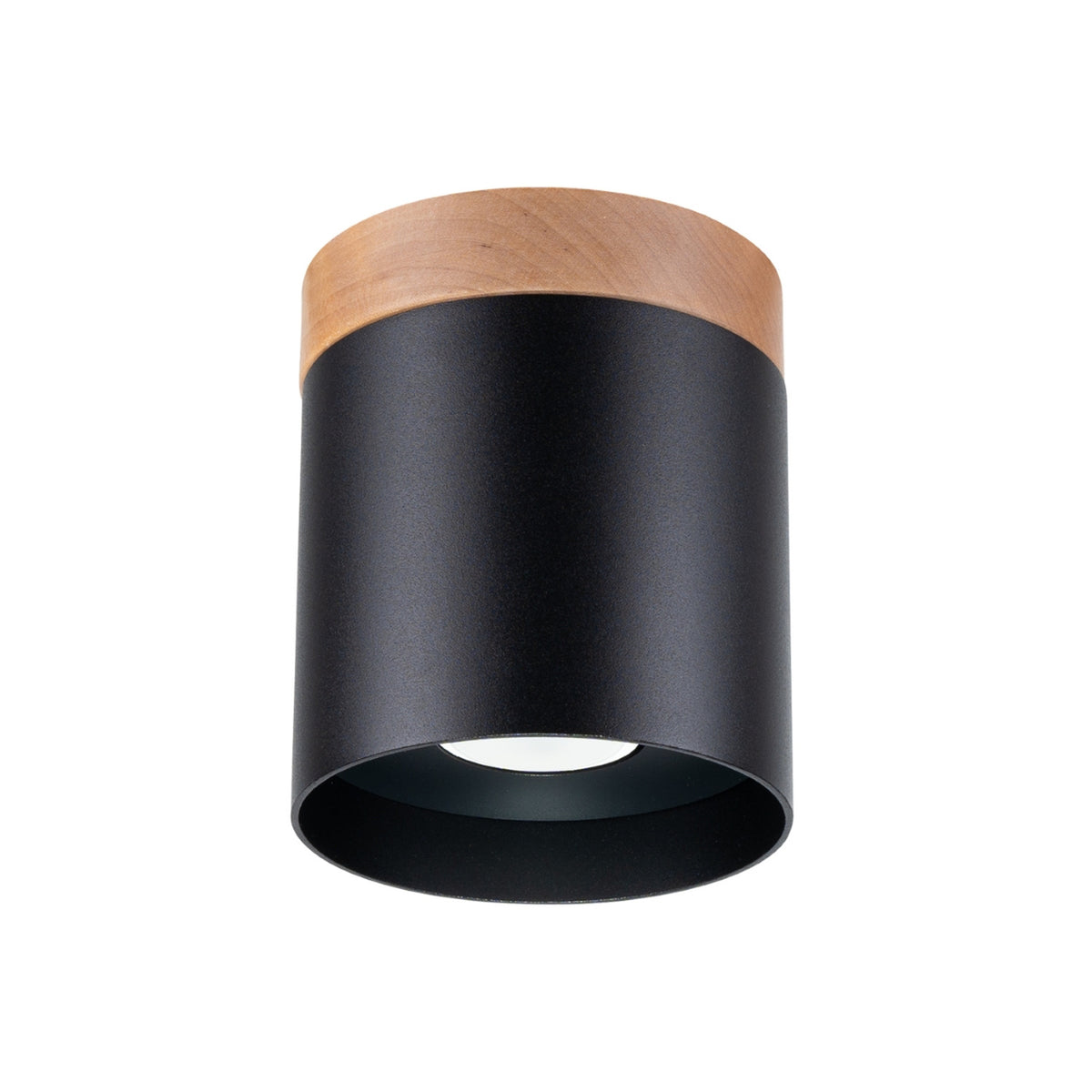 Plafonnier spot cylindrique Rif en métal noir coiffé d'une bague en bois naturel