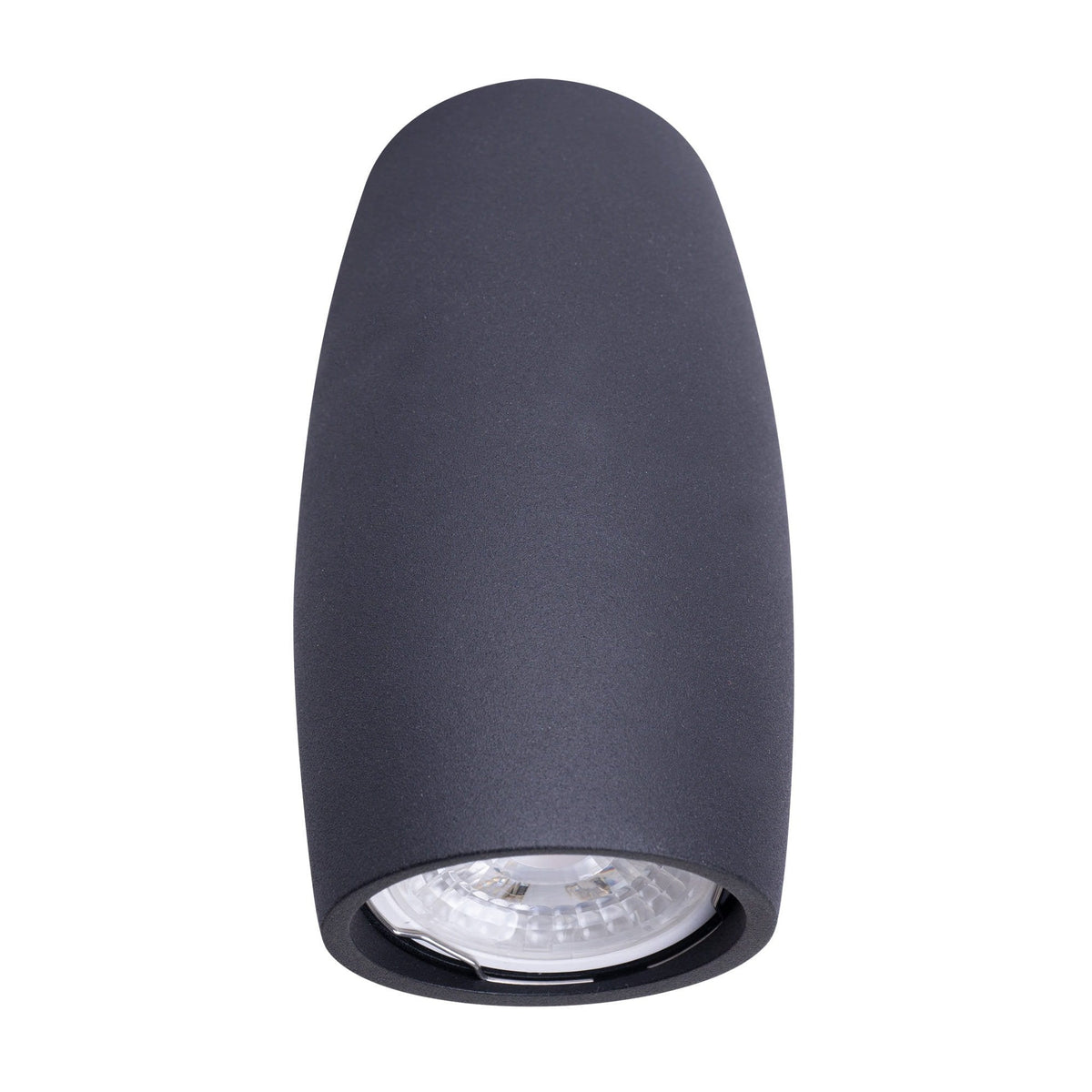Plafonnier spot Lofe noir mat vu de face corps galbé et ouverture de la douille GU10