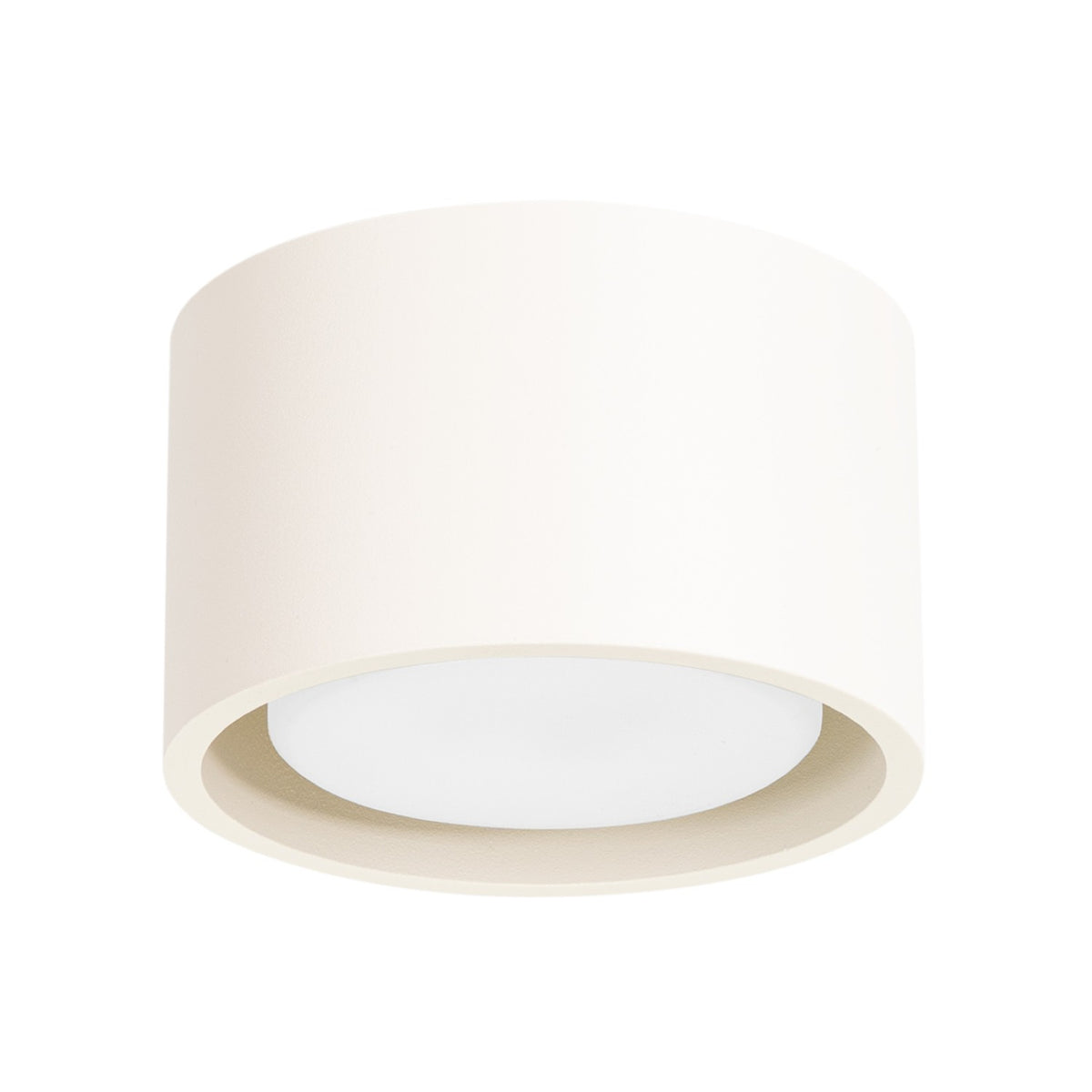 Plafonnier spot rond Modo 1 laque beige sur fond blanc avec sa source en retrait dans le cylindre