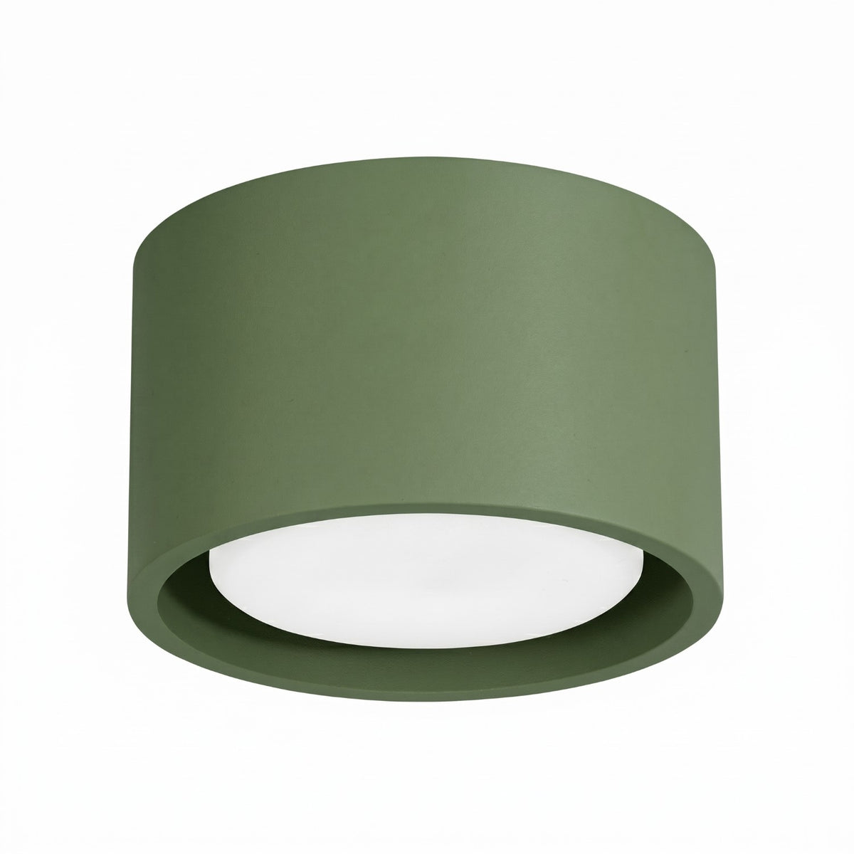 Plafonnier spot rond Modo 1 laque vert olive sur fond blanc avec sa source en retrait dans le cylindre