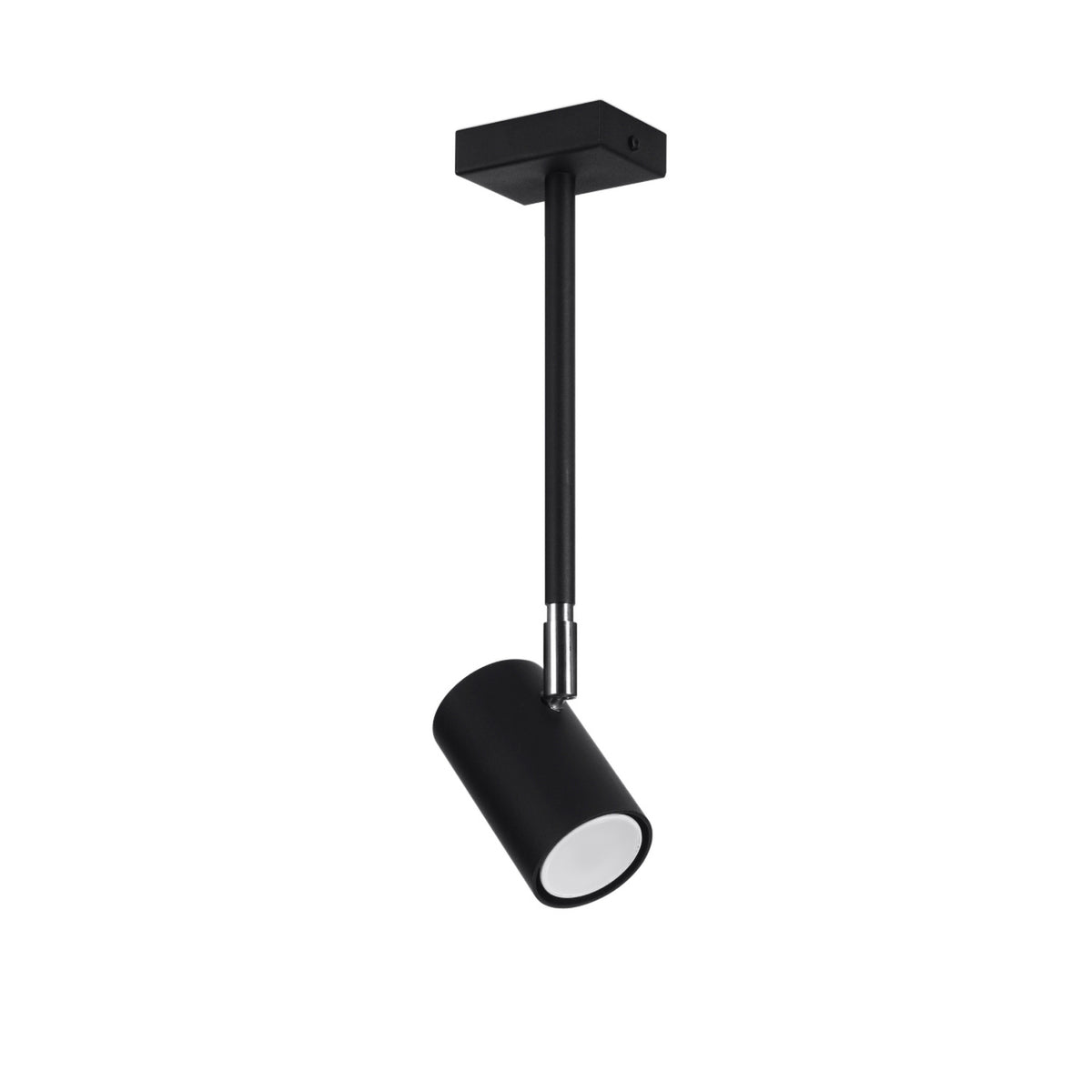 Plafonnier Norano noir avec un spot cylindrique orientable au bout d'une longue tige et une bague chromée