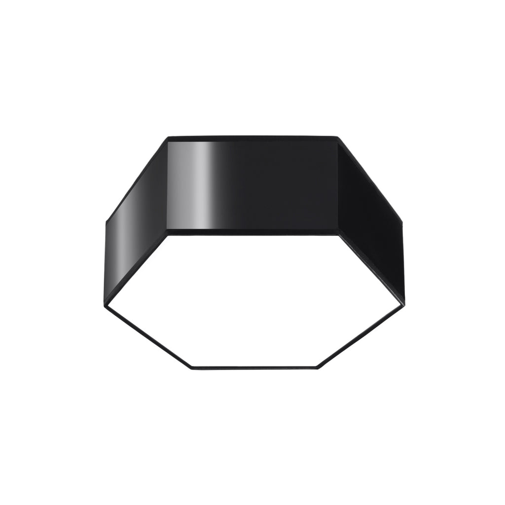 Plafonnier Sunde 11 noir, coque hexagonale noire et diffuseur opale