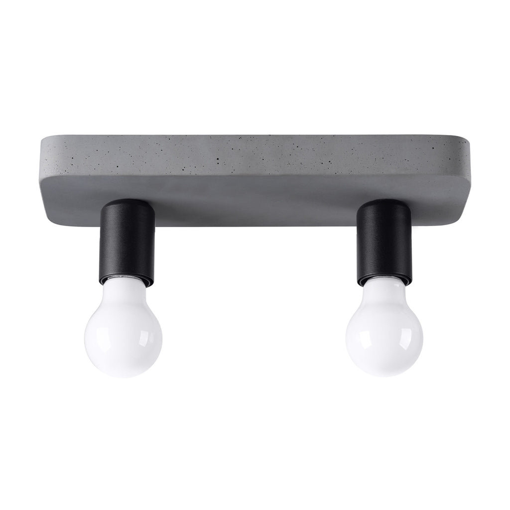 Plafonnier Tavo 2 béton E27, embase de béton brut gris et 2 douilles noires à ampoules E27 apparentes