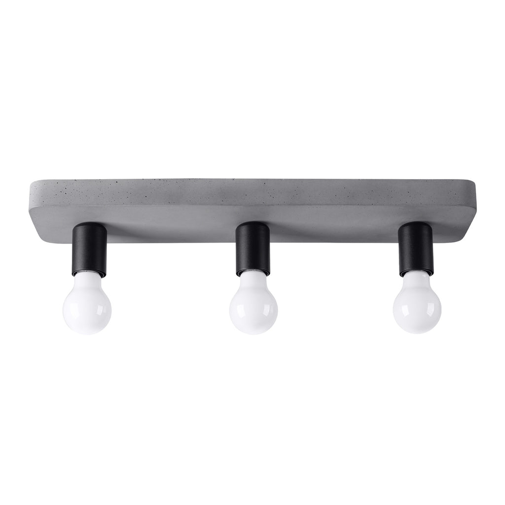 Plafonnier Tavo 3 béton E27, embase de béton brut gris et 3 douilles noires à ampoules E27 apparentes