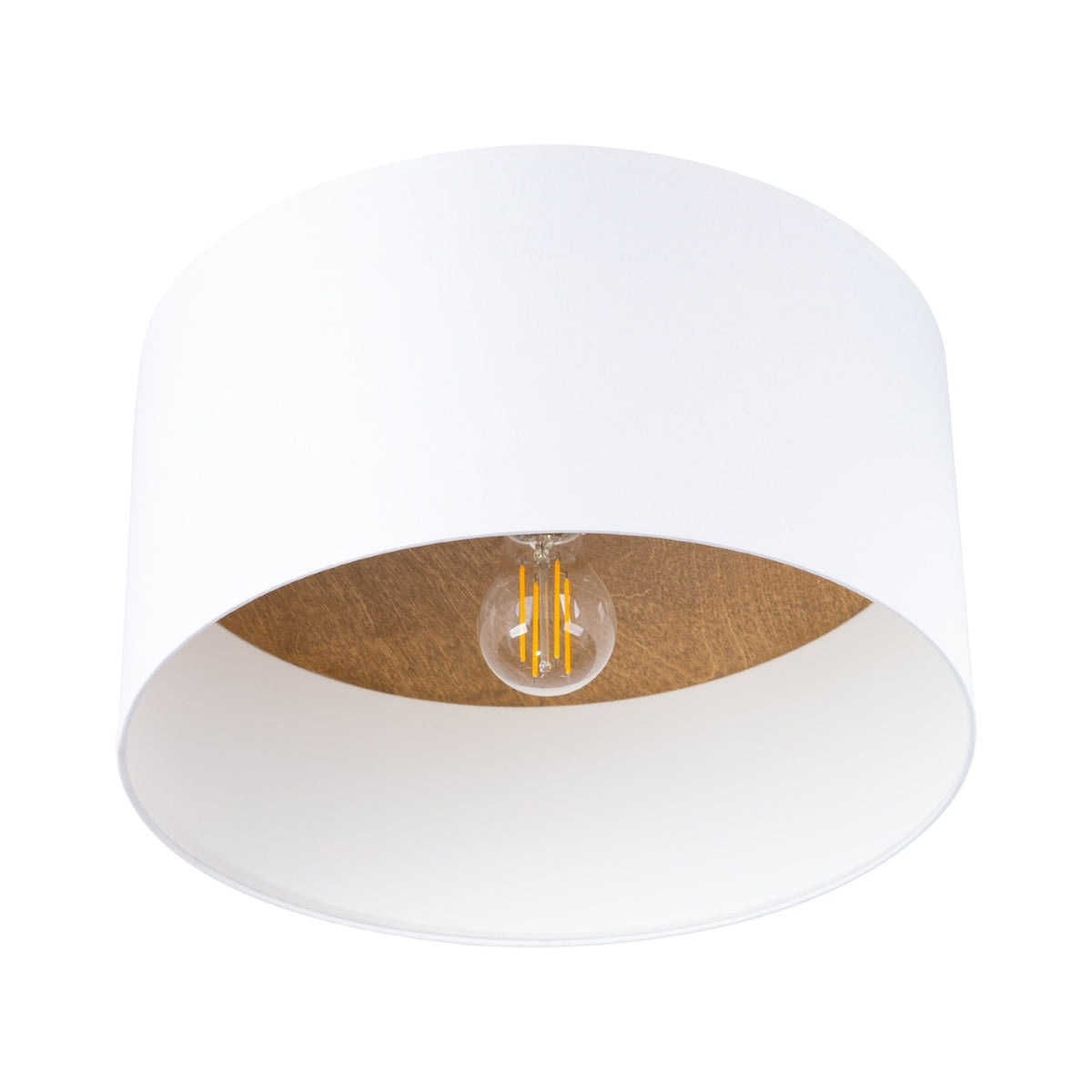 Plafonnier Telesto Bois clair tambour en tissu blanc et fond en bois autour d'une ampoule à filament