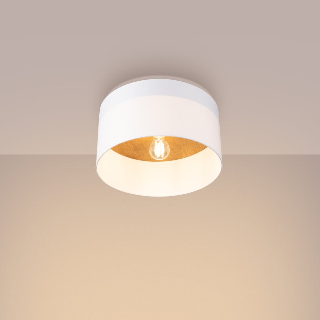 Plafonnier Telesto tissu blanc et bois clair E27 allumé, halo doux réchauffé par l'intérieur bois