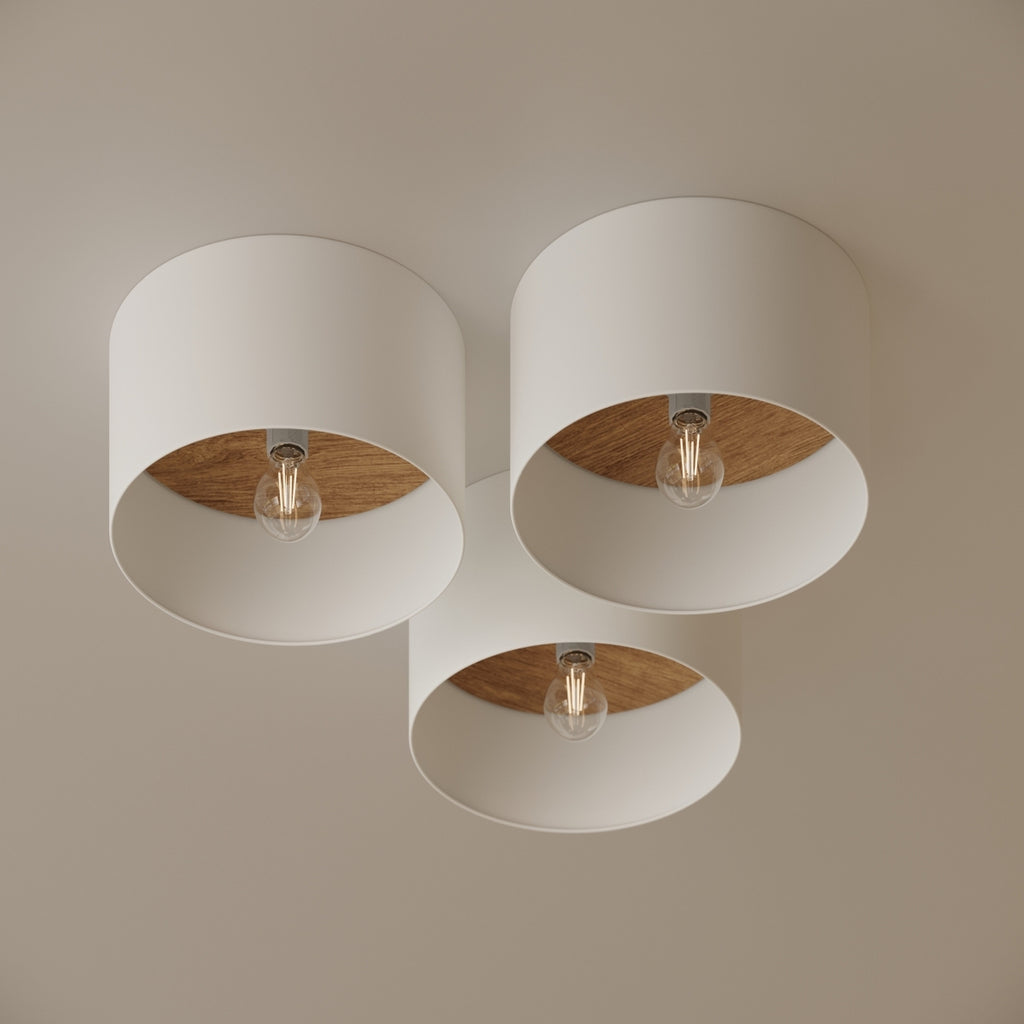 Plafonnier Telesto tissu blanc et bois clair E27 en situation dans un intérieur