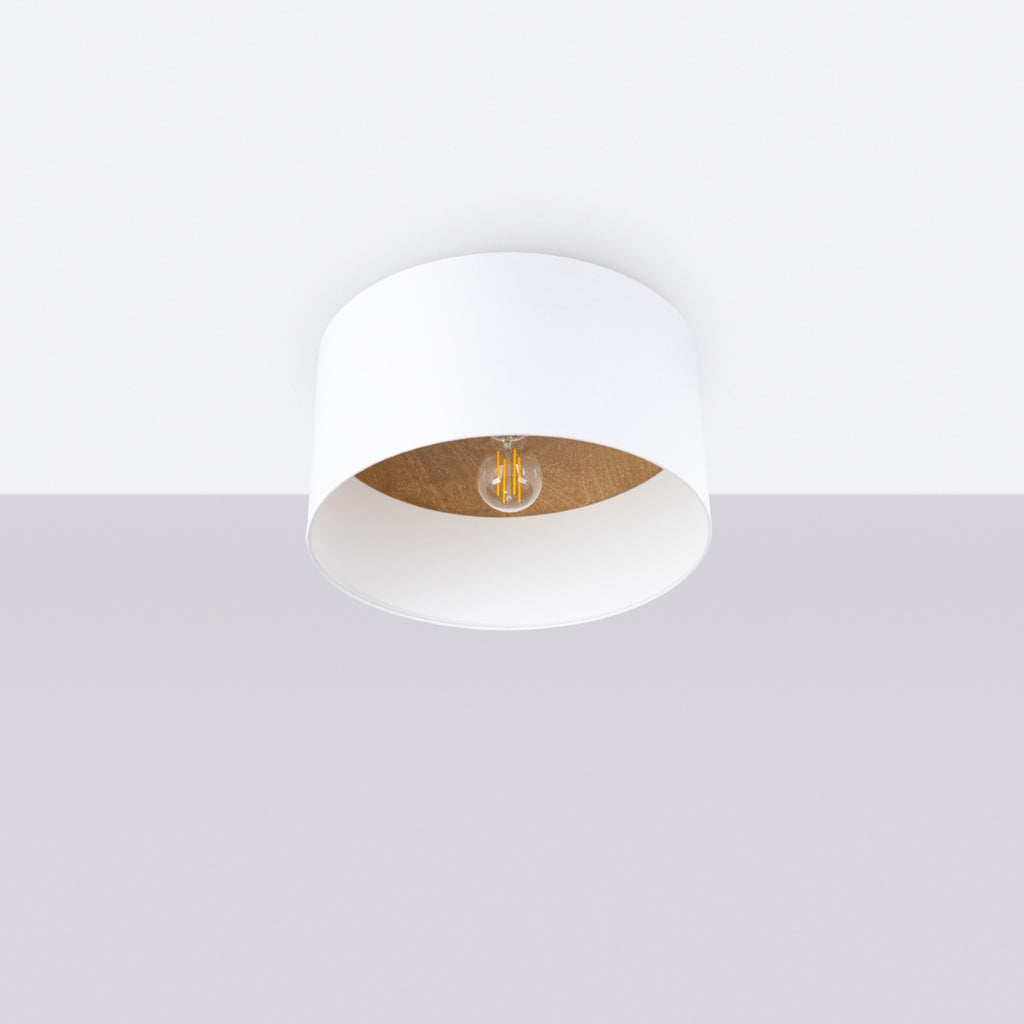 Plafonnier Telesto tissu blanc et bois clair E27 de profil