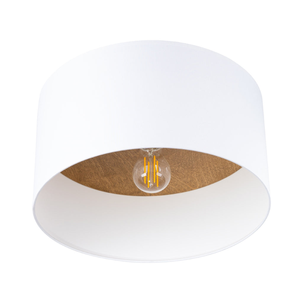 Plafonnier Telesto tissu blanc et bois clair E27, abat-jour tambour en tissu blanc à intérieur bois clair