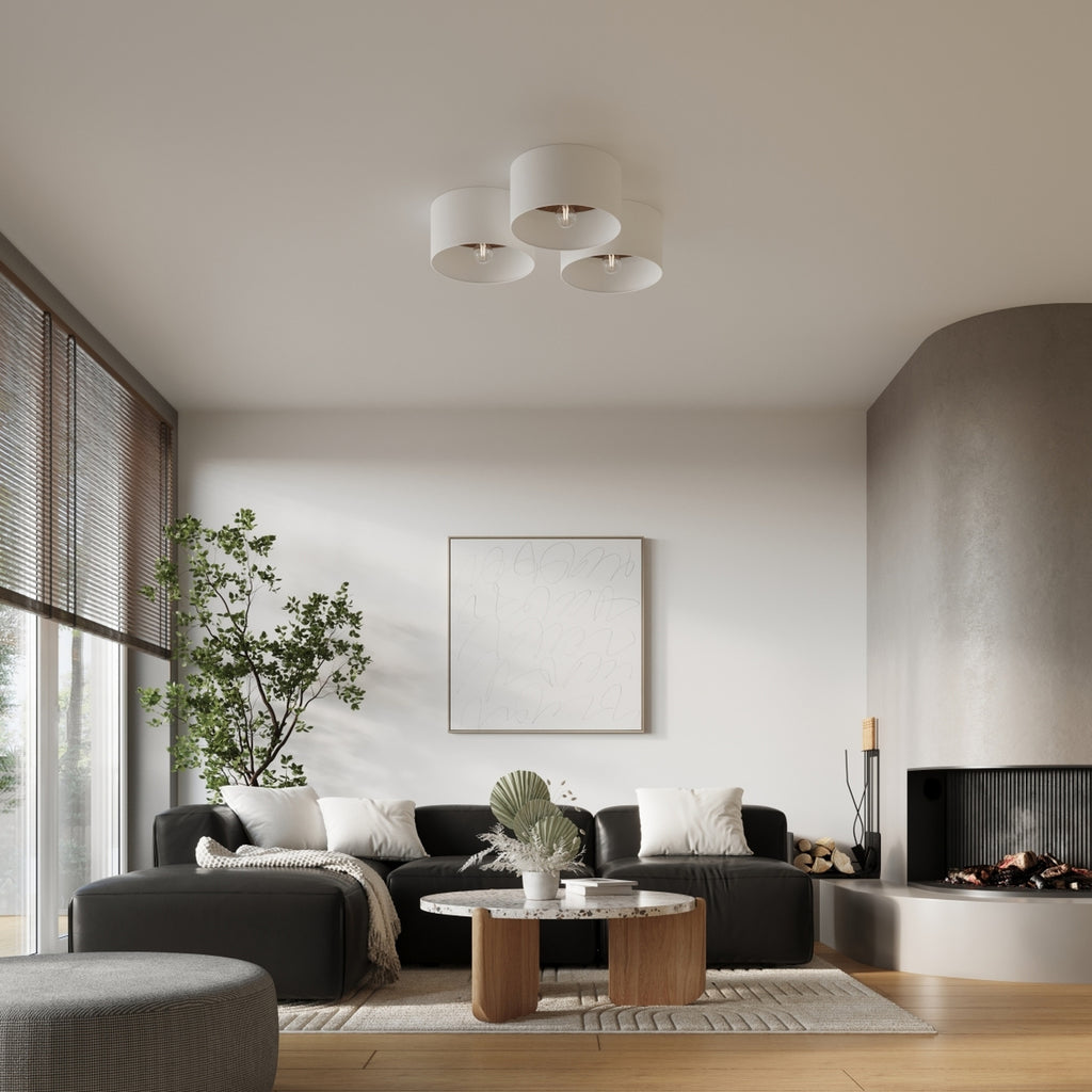 Plafonnier Telesto tissu blanc et bois foncé E27, ambiance chaleureuse