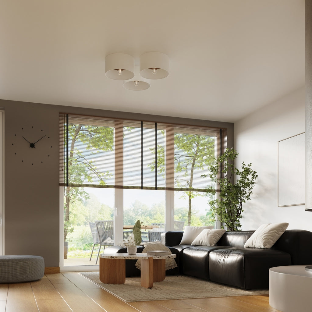 Plafonnier Telesto tissu blanc et bois foncé E27 en ambiance