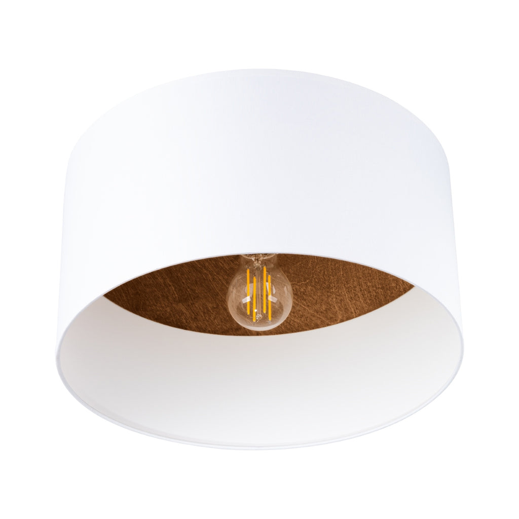 Plafonnier Telesto tissu blanc et bois foncé E27, abat-jour tambour en tissu blanc à intérieur bois foncé
