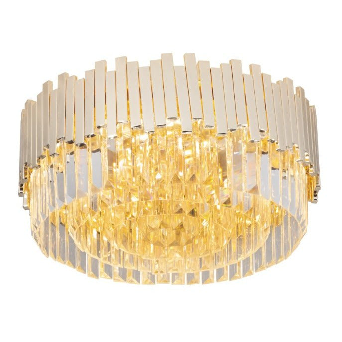 Plafonnier Trend allumé vu par-dessous avec sa couronne de barrettes dorées et ses deux rangs de prismes de verre