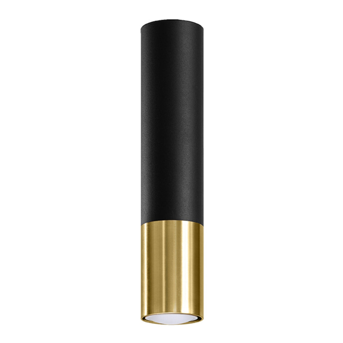 Plafonnier tube Loopez noir et doré avec fût mat et manchon doré brillant