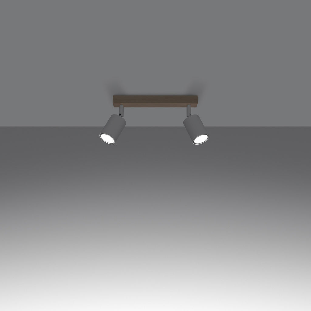 Plafonnier Verdo 2 bois et acier blanc GU10 allumé, faisceau orientable