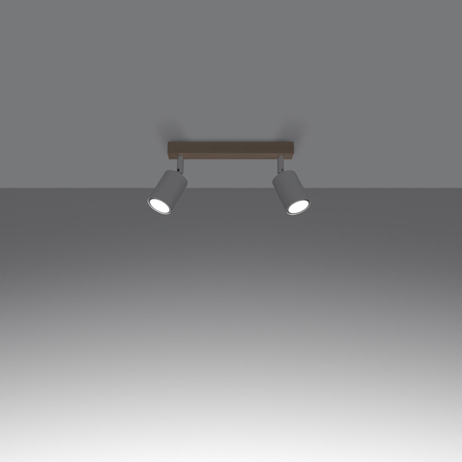 Plafonnier Verdo 2 bois et acier blanc GU10 allumé, faisceau orientable