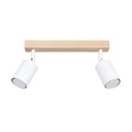 Plafonnier Verdo 2 bois et acier blanc GU10, deux spots cylindriques orientables en acier blanc sur une barre en bois naturel
