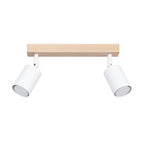 Plafonnier Verdo 2 bois et acier blanc GU10, deux spots cylindriques orientables en acier blanc sur une barre en bois naturel