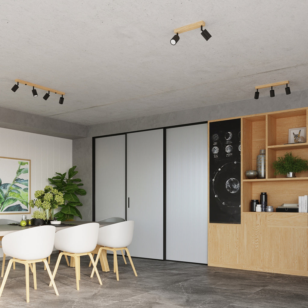 Plafonnier Verdo 2 bois et acier noir GU10 en situation dans un intérieur