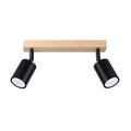 Plafonnier Verdo 2 bois et acier noir GU10, deux spots cylindriques orientables en acier noir sur une barre en bois naturel