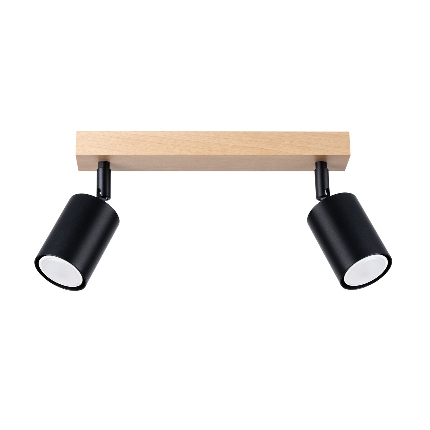Plafonnier Verdo 2 bois et acier noir GU10, deux spots cylindriques orientables en acier noir sur une barre en bois naturel