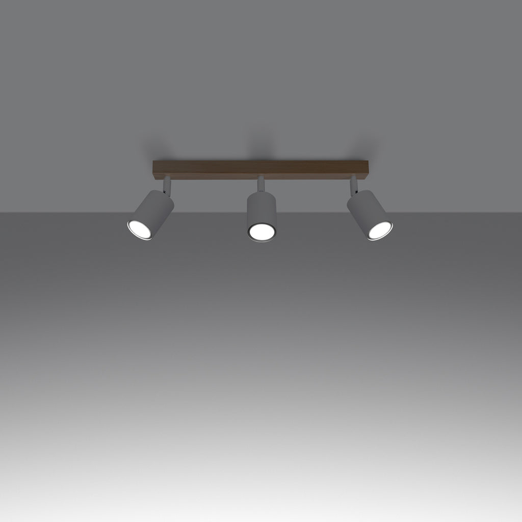 Plafonnier Verdo 3 en ligne bois et acier blanc GU10 allumé, faisceau orientable