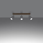 Plafonnier Verdo 3 en ligne bois et acier blanc GU10 allumé, faisceau orientable