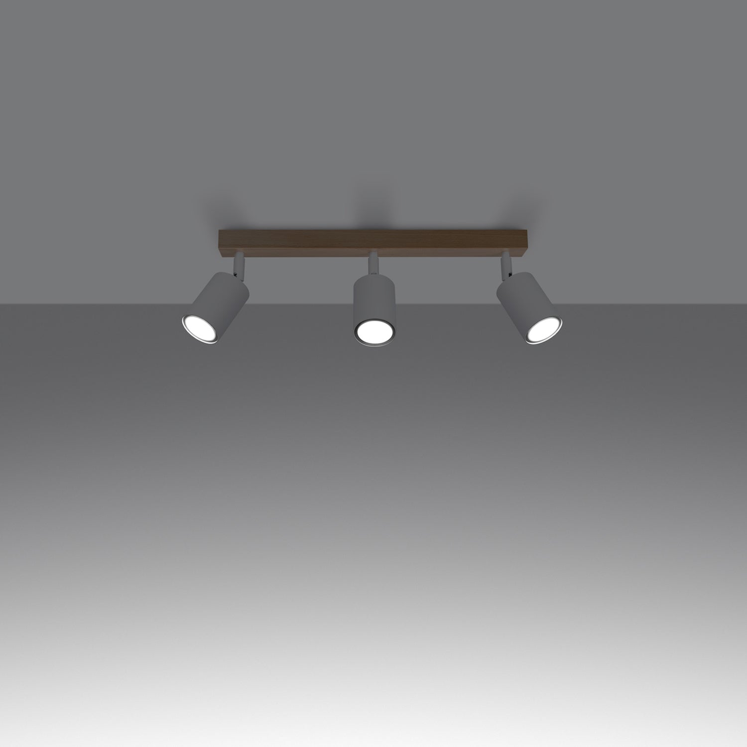 Plafonnier Verdo 3 en ligne bois et acier blanc GU10 allumé, faisceau orientable