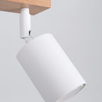 Plafonnier Verdo 3 en ligne bois et acier blanc GU10, détail d'un spot orientable et de l'embase en bois