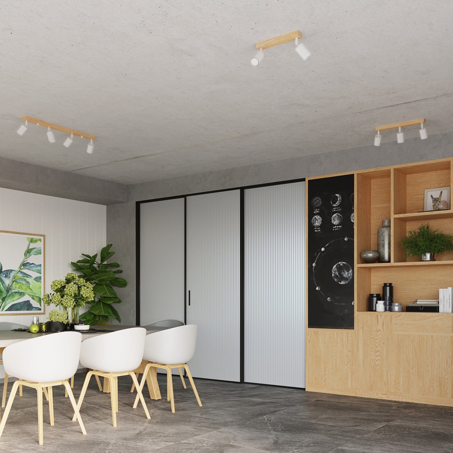 Plafonnier Verdo 3 en ligne bois et acier blanc GU10 en situation dans un intérieur