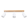 Plafonnier Verdo 3 en ligne bois et acier blanc GU10, trois spots cylindriques orientables en acier blanc sur une barre en bois naturel
