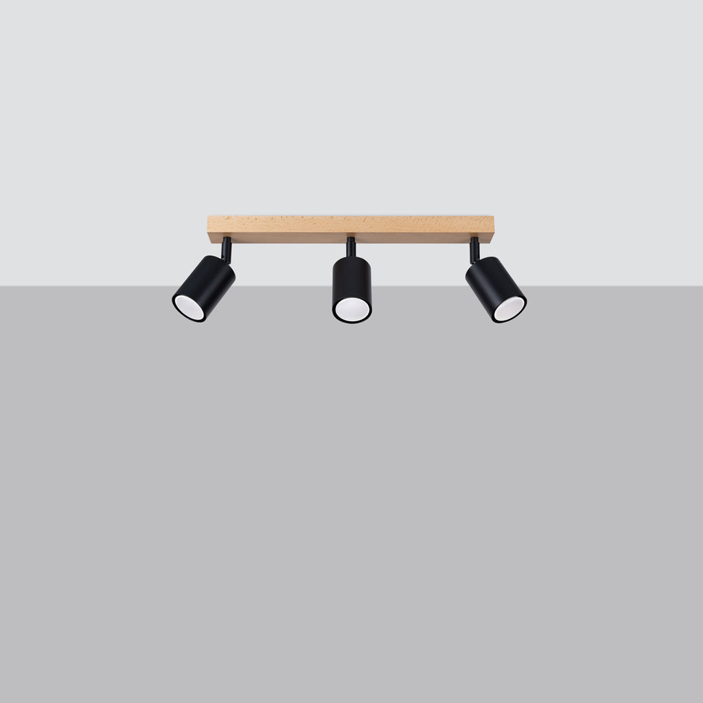 Plafonnier Verdo 3 en ligne bois et acier noir GU10 de profil