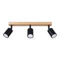 Plafonnier Verdo 3 en ligne bois et acier noir GU10, trois spots cylindriques orientables en acier noir sur une barre en bois naturel