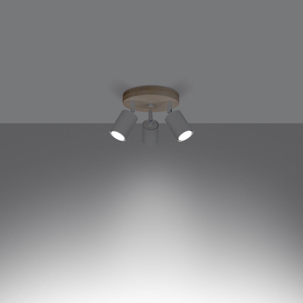 Plafonnier Verdo 3 en rond bois et acier blanc GU10 allumé, faisceau orientable