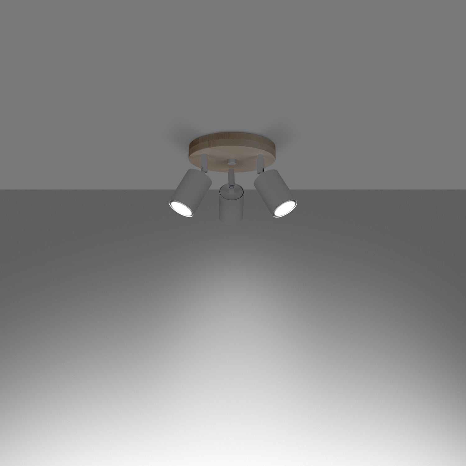 Plafonnier Verdo 3 en rond bois et acier blanc GU10 allumé, faisceau orientable