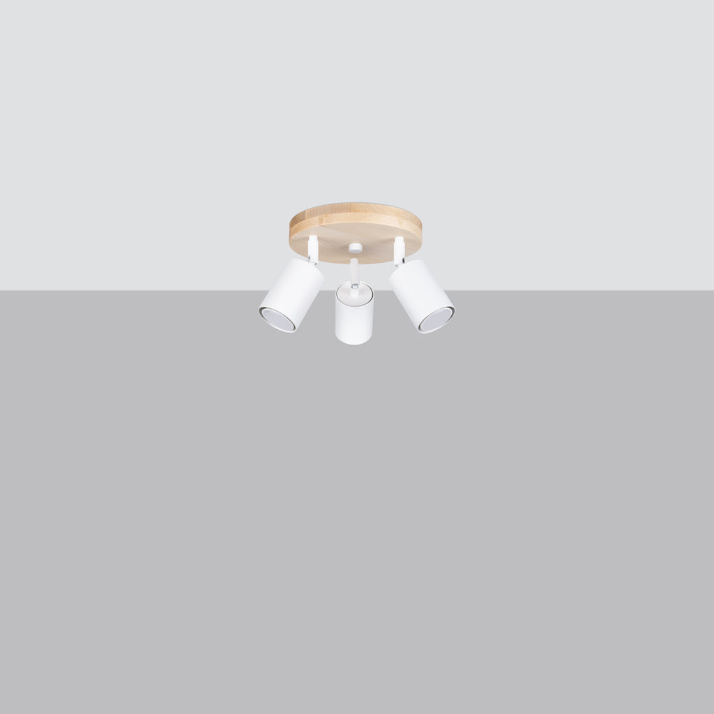 Plafonnier Verdo 3 en rond bois et acier blanc GU10 de profil