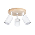 Plafonnier Verdo 3 en rond bois et acier blanc GU10, trois spots cylindriques orientables en acier blanc sur une base ronde en bois naturel