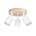Plafonnier Verdo 3 en rond bois et acier blanc GU10, trois spots cylindriques orientables en acier blanc sur une base ronde en bois naturel