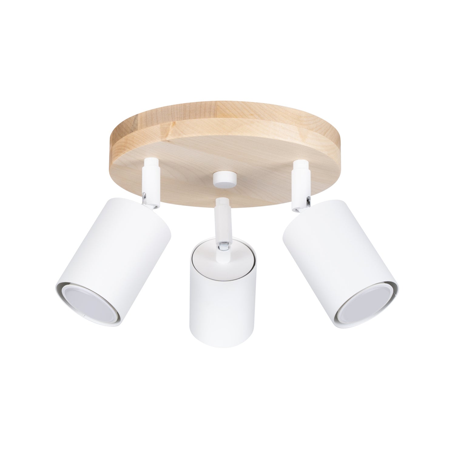 Plafonnier Verdo 3 en rond bois et acier blanc GU10, trois spots cylindriques orientables en acier blanc sur une base ronde en bois naturel
