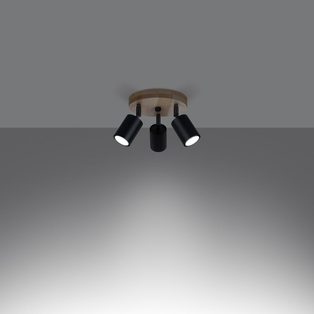 Plafonnier Verdo 3 en rond bois et acier noir GU10 allumé, faisceau orientable