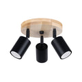 Plafonnier Verdo 3 en rond bois et acier noir GU10, trois spots cylindriques orientables en acier noir sur une base ronde en bois naturel