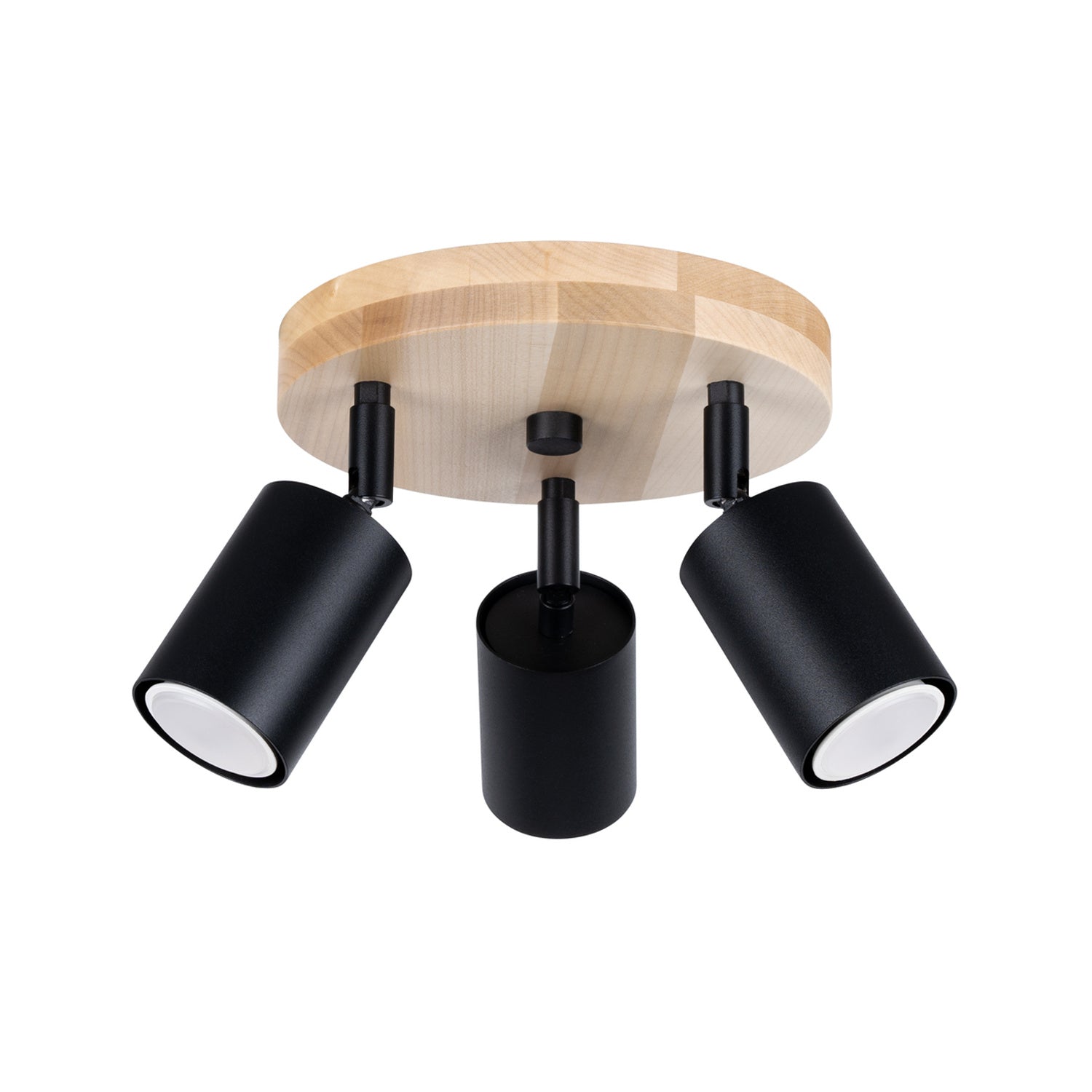 Plafonnier Verdo 3 en rond bois et acier noir GU10, trois spots cylindriques orientables en acier noir sur une base ronde en bois naturel