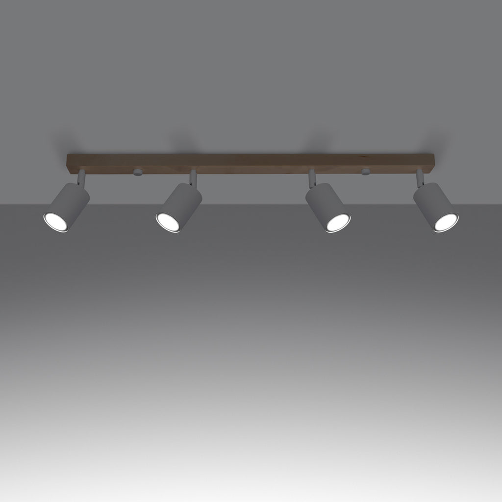 Plafonnier Verdo 4 bois et acier blanc GU10 allumé, faisceau orientable