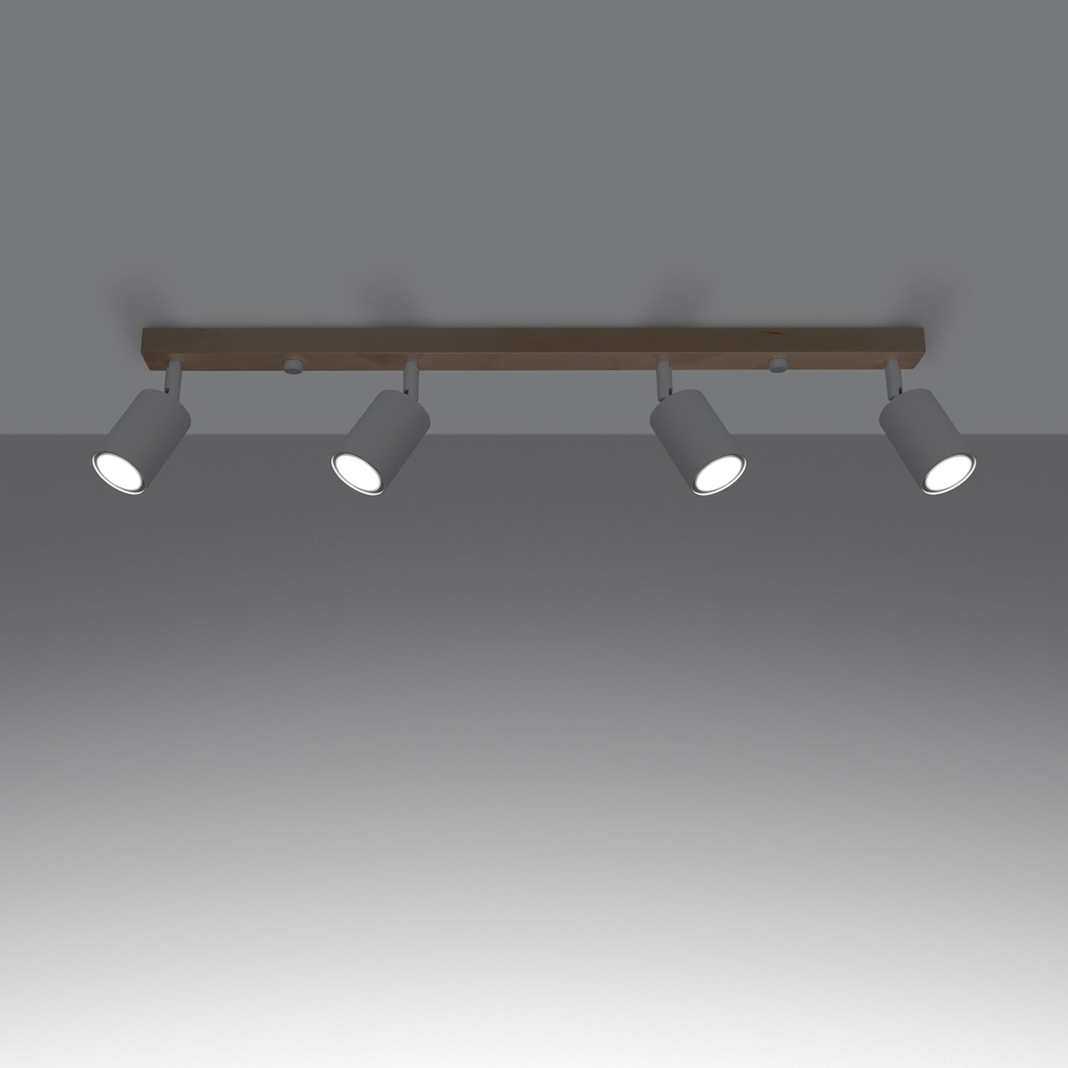 Plafonnier Verdo 4 bois et acier blanc GU10 allumé, faisceau orientable