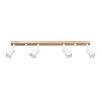Plafonnier Verdo 4 bois et acier blanc GU10, quatre spots cylindriques orientables en acier blanc sur une barre en bois naturel
