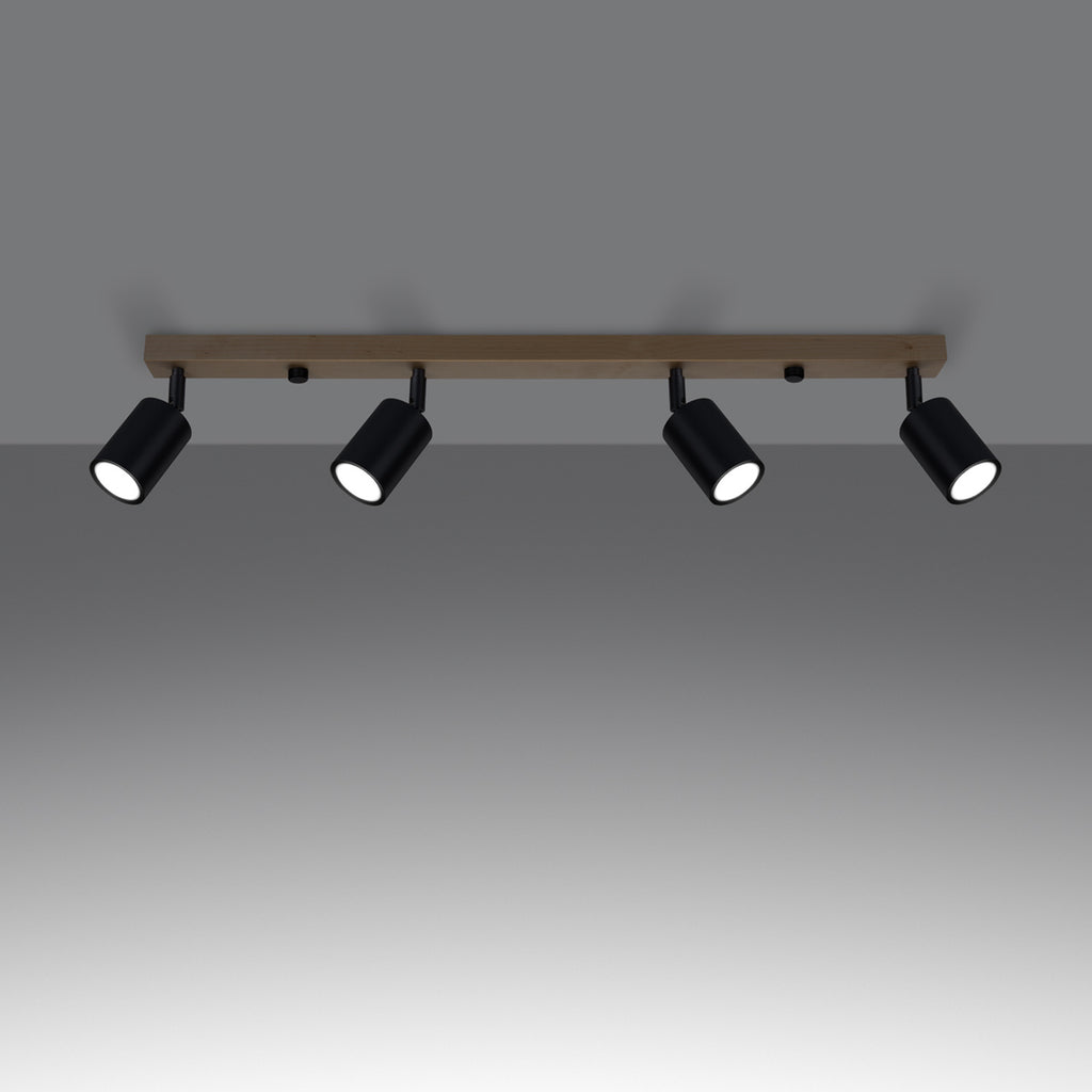 Plafonnier Verdo 4 bois et acier noir GU10 allumé, faisceau orientable