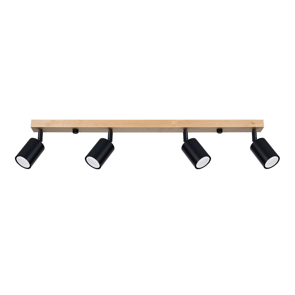 Plafonnier Verdo 4 bois et acier noir GU10, quatre spots cylindriques orientables en acier noir sur une barre en bois naturel
