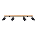 Plafonnier Verdo 4 bois et acier noir GU10, quatre spots cylindriques orientables en acier noir sur une barre en bois naturel