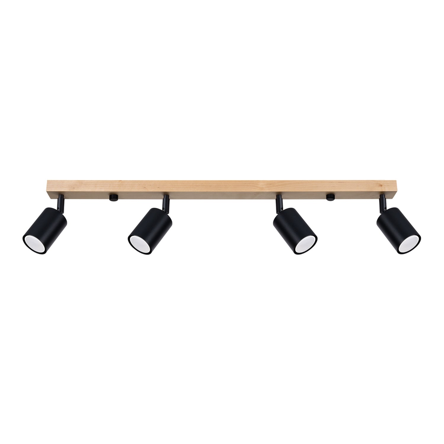 Plafonnier Verdo 4 bois et acier noir GU10, quatre spots cylindriques orientables en acier noir sur une barre en bois naturel