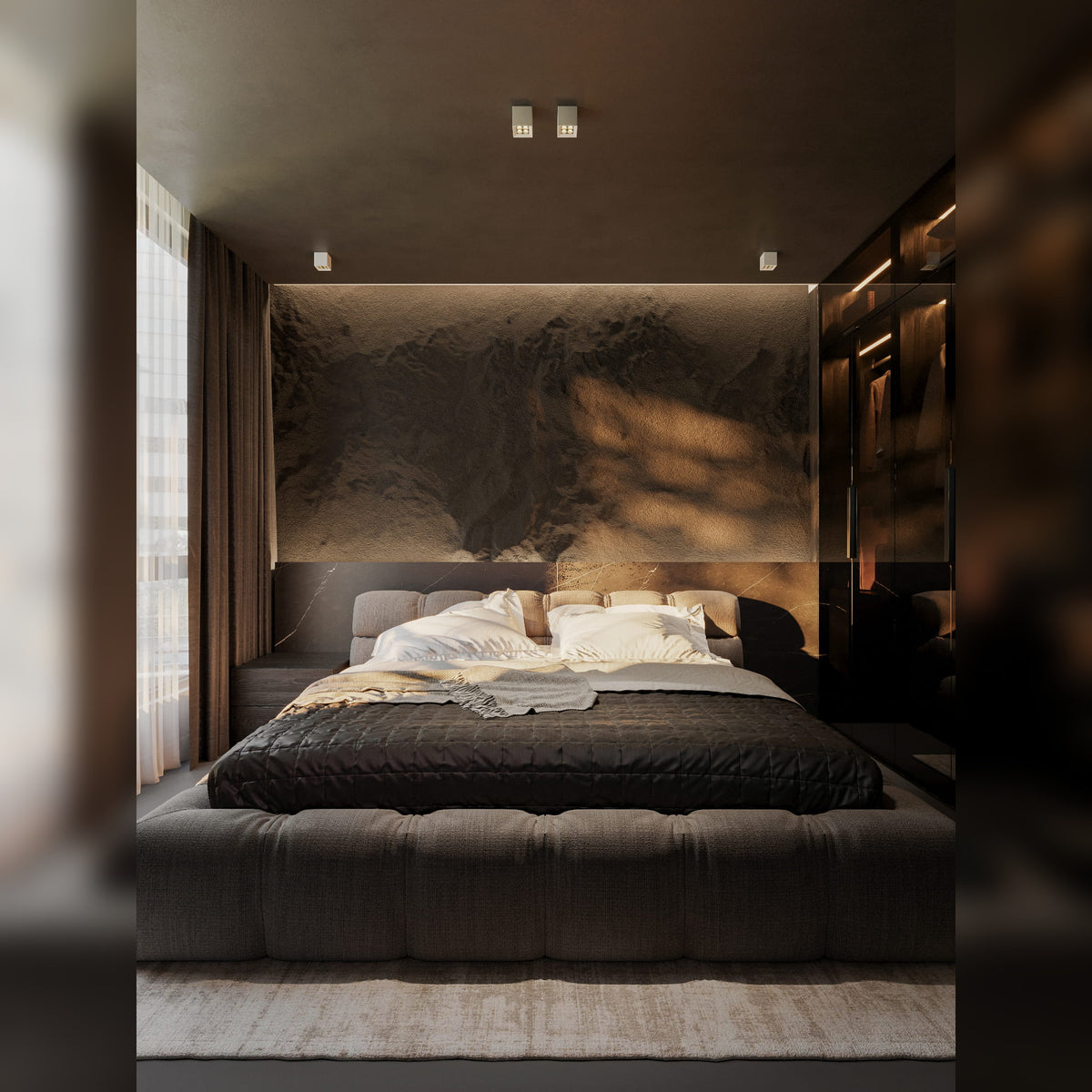Plafonniers X-Line cubes blancs fixés au plafond d'une chambre et éclairant le mur texturé au-dessus du lit